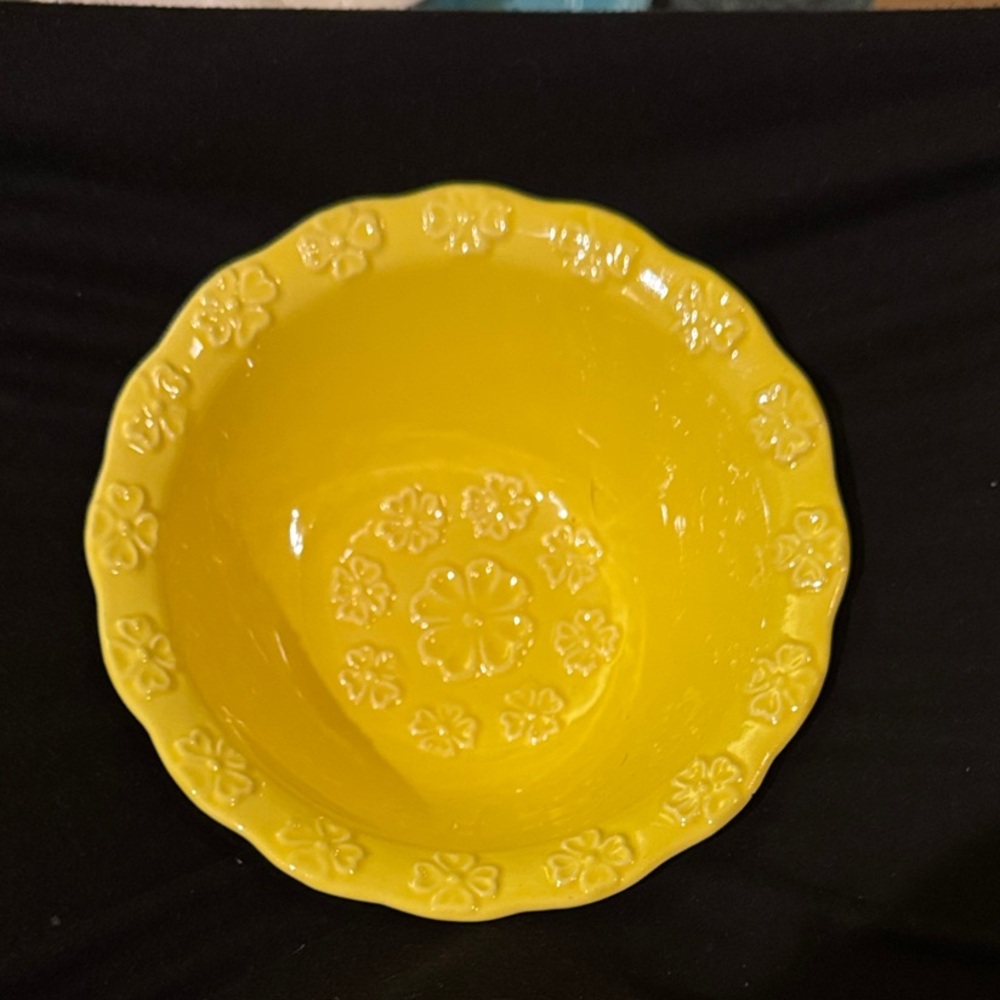 California Pottery Vintage Lazy Susan Bowl Sunshine Yellow Floral Embossed
